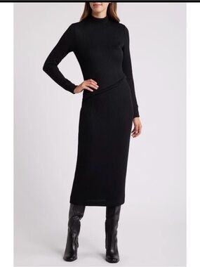 Du Paradis Valentin Long Sleeve Ribbed Knit Maxi Dress Mock Neck Black
